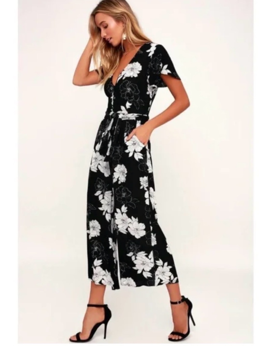 Lulu's Black Floral Jumpsuit with White Print